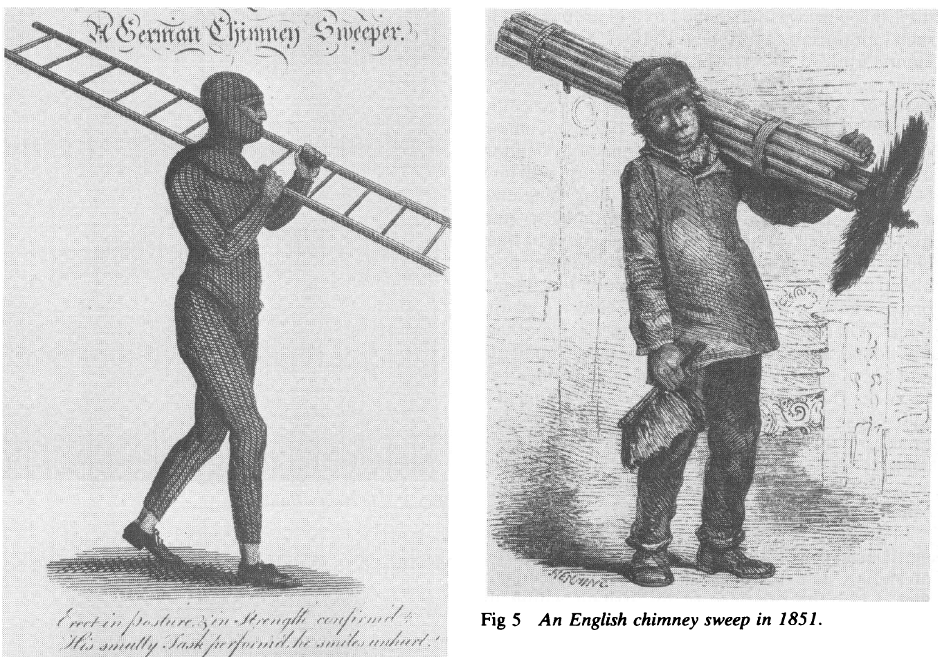 Confronto tra l’abbigliamento da lavoro protettivo di uno spazzacamino tedesco e di un “chimney sweeper” ancora in piena epoca vittoriana (1851). Confronto tra l’abbigliamento da lavoro protettivo di uno spazzacamino tedesco e di un “chimney sweeper” ancora in piena epoca vittoriana (1851).