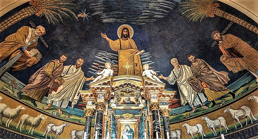 Mosaico della “parousia” nella basilica dei Santi Cosma e Damiano. A sinistra dell’osservatore, San Paolo presenta a Cristo San Damiano e Papa Felice IV col modellino della chiesa; a destra, San Pietro presenta San Cosma e San Teodoro Mosaico della “parousia” nella basilica dei Santi Cosma e Damiano. A sinistra dell’osservatore, San Paolo presenta a Cristo San Damiano e Papa Felice IV col modellino della chiesa; a destra, San Pietro presenta San Cosma e San Teodoro