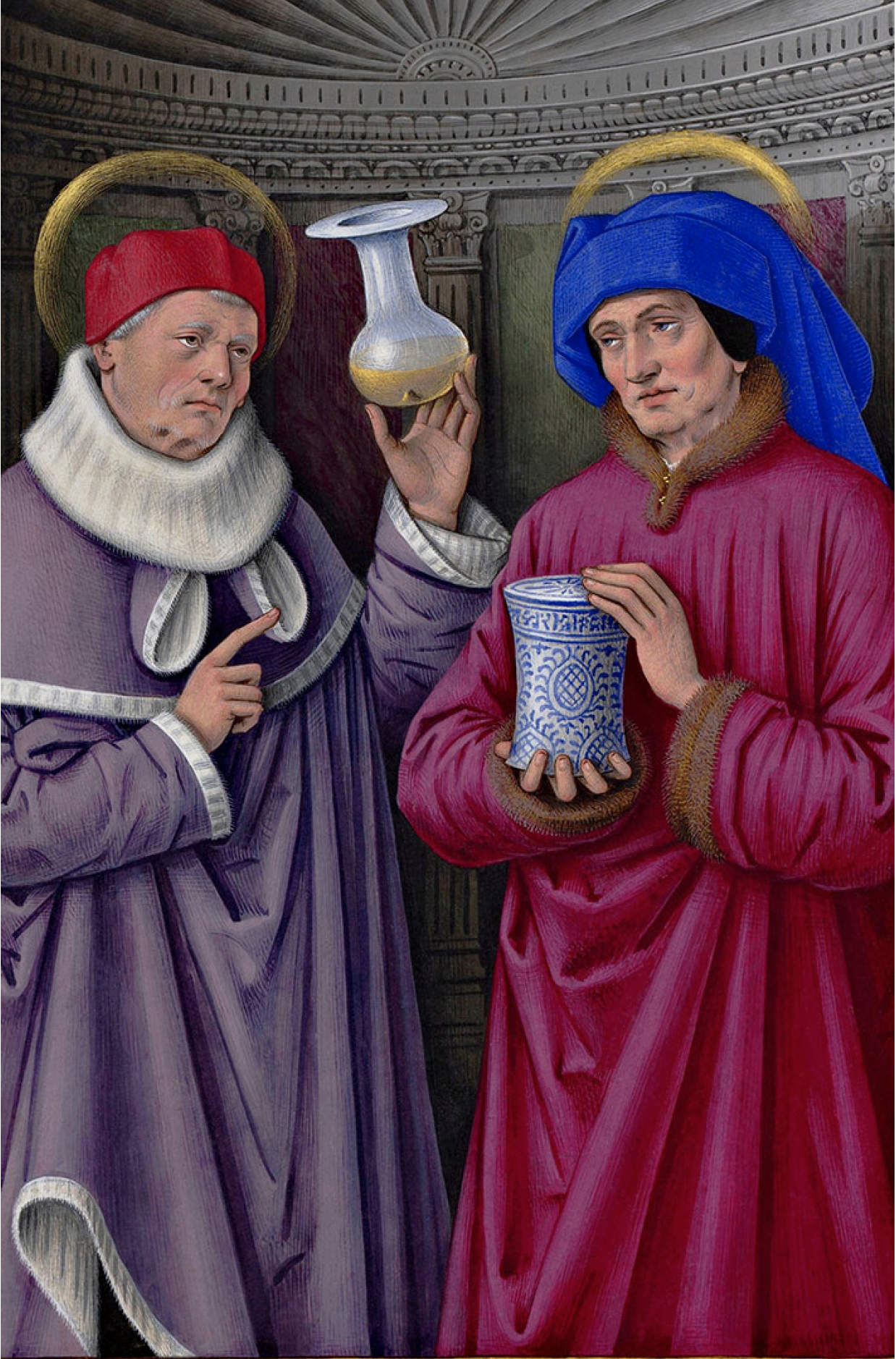 I Santi Cosma (sinistra) e Damiano (destra), dal Libro delle Ore (Grandes Heures) I Santi Cosma (sinistra) e Damiano (destra), dal Libro delle Ore (Grandes Heures)